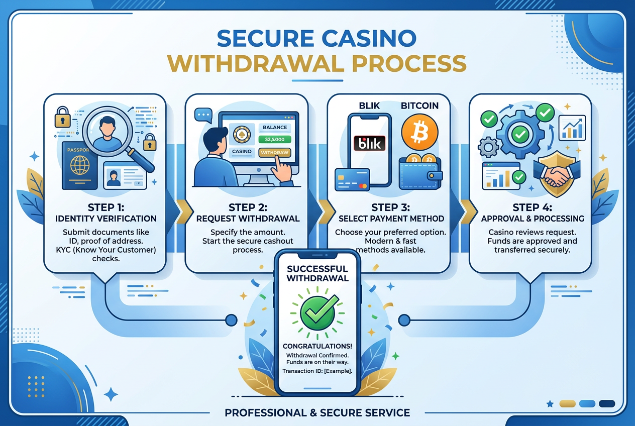 Step by step visualization of online casino withdrawal flow including KYC and security